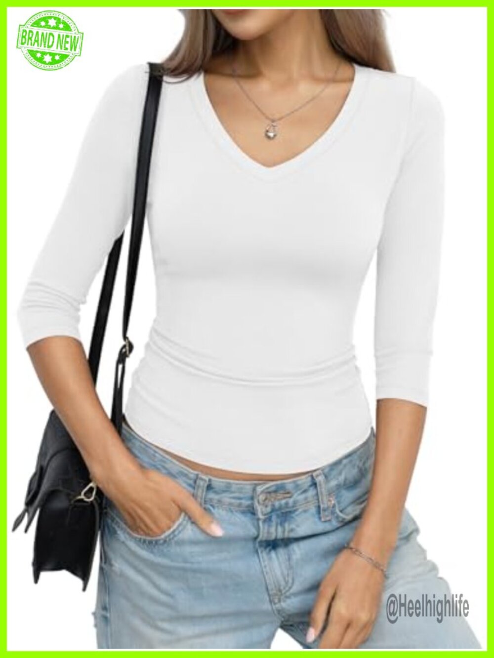 Womens Cotton 3/4 Sleeve V Neck Fitted Basic T-Shirt Stretch Jersey